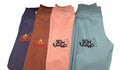 Son Y Tumbao activewear leggings in navy, brown, peach, and teal, featuring a graphic of dancing figures and musical notes.