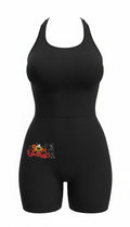 Son Y Tumbao black ribbed racerback bodysuit with short legs and graphic logo.