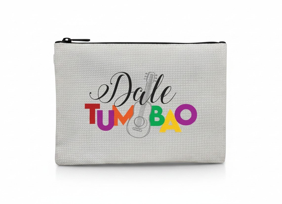 Son Y Tumbao Dale Tumbao graphic pouch with colorful text and guitar illustration, zipper closure.