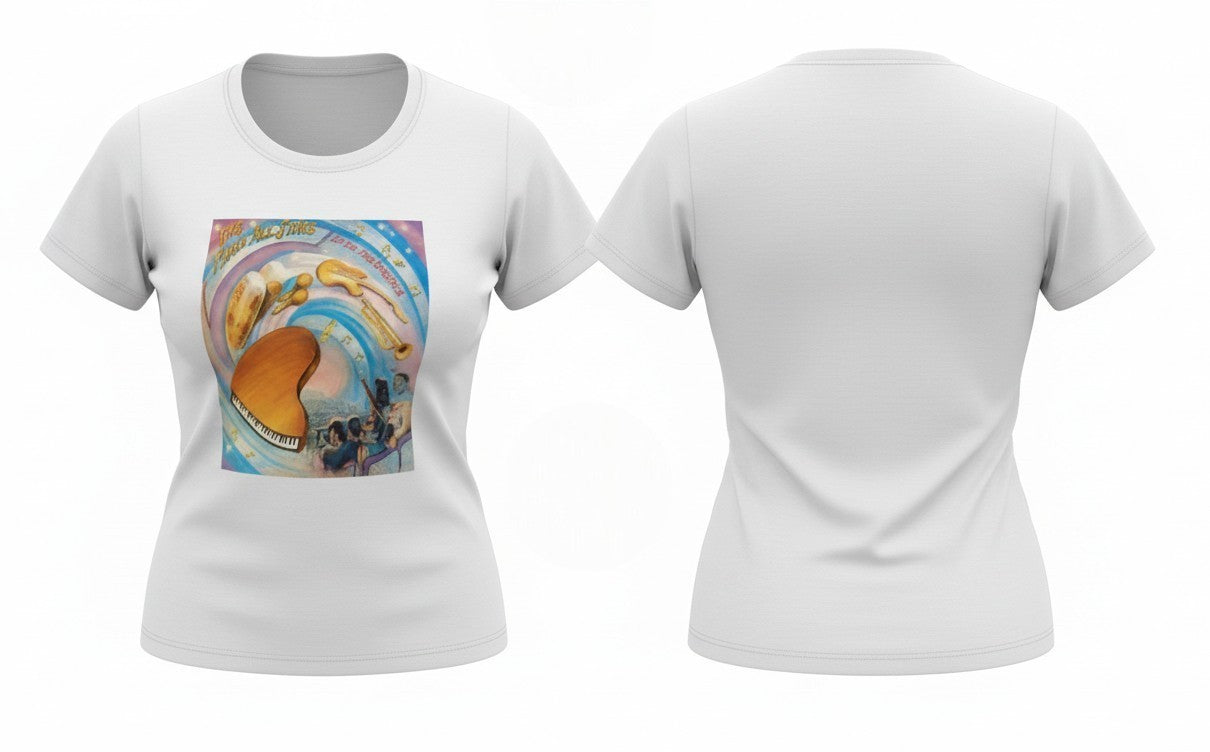 Son Y Tumbao white t-shirt with vibrant graphic of grand piano, instruments, and musical notes. Comfortable, breathable fabric.
