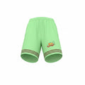 Son Y Tumbao lime green athletic shorts with brown stripes on the hem and a graphic logo.
