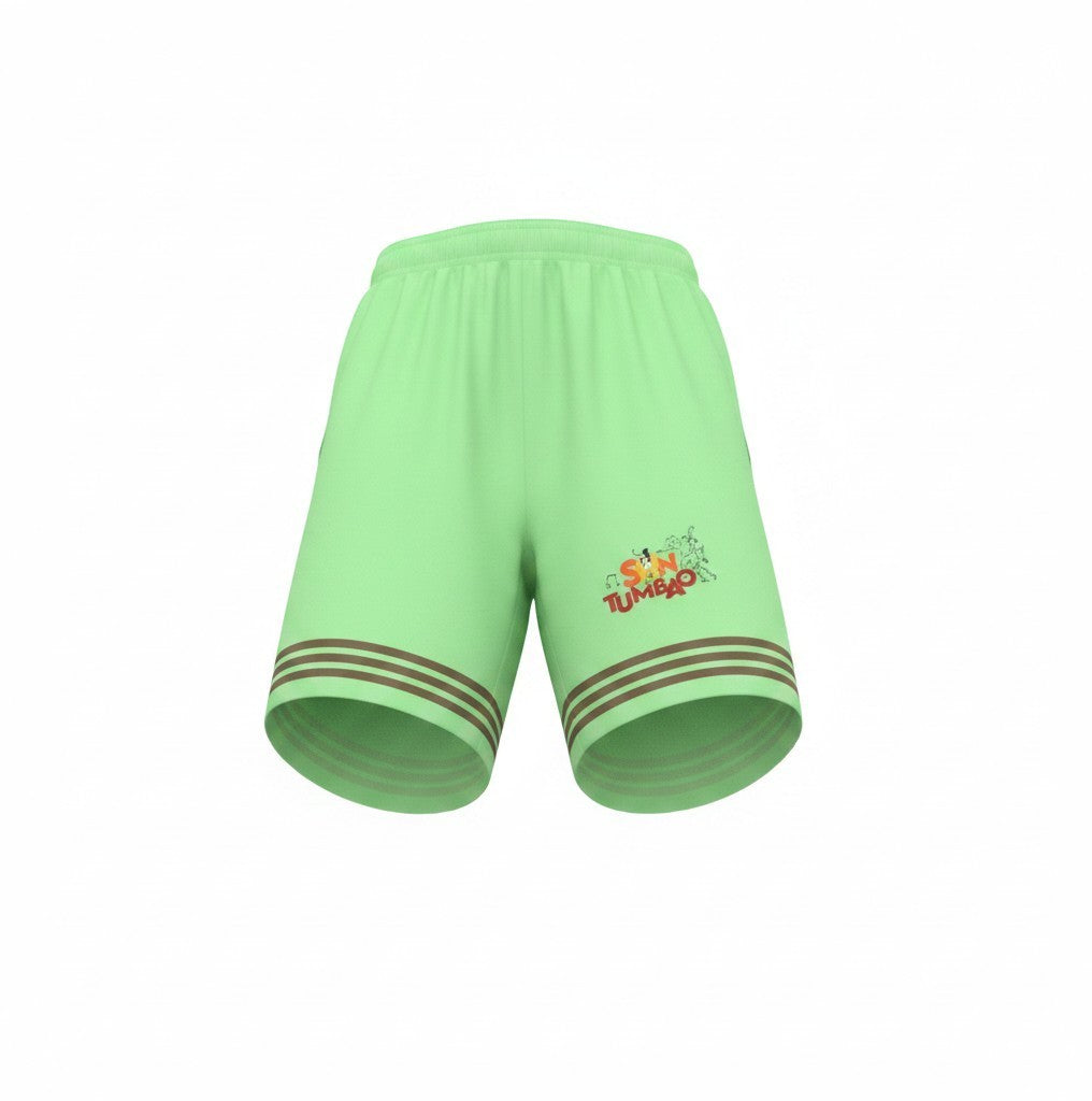 Son Y Tumbao lime green athletic shorts with brown stripes on the hem and a graphic logo.