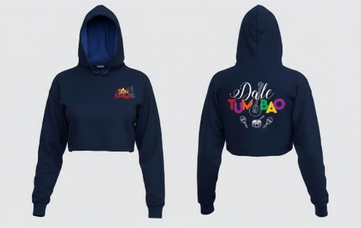 Son Y Tumbao navy blue cropped hoodie with drawstring hood and