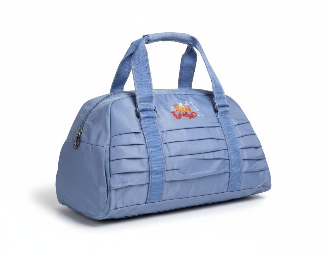 Son Y Tumbao periwinkle blue nylon duffel bag with pleated detailing and comfortable handles, ideal for gym or travel.