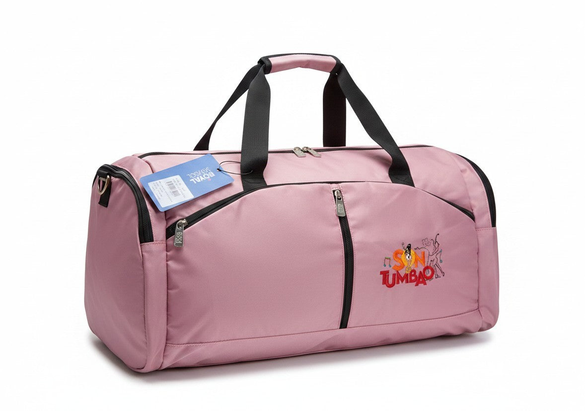 Son Y Tumbao pink nylon duffel bag with "Son Tumbao" embroidery, front zippered pocket, and black handles.