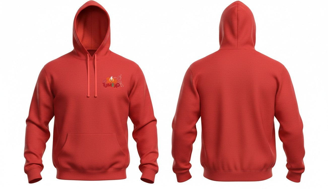 Son Y Tumbao red pullover hoodie with adjustable drawstrings, kangaroo pocket, and colorful chest logo.