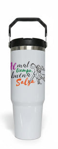 Son Y Tumbao white stainless steel tumbler with "El mal tiempo, buena Salsa" graphic and dancing couple illustration.