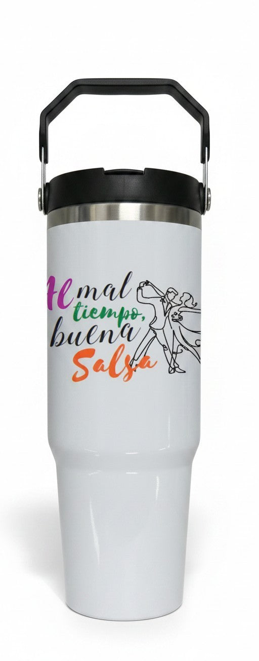 Son Y Tumbao white stainless steel tumbler with "El mal tiempo, buena Salsa" graphic and dancing couple illustration.