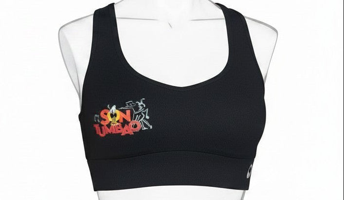 Son Y Tumbao black sports bra with graphic print, racerback, and wide underband. Medium support for workouts.