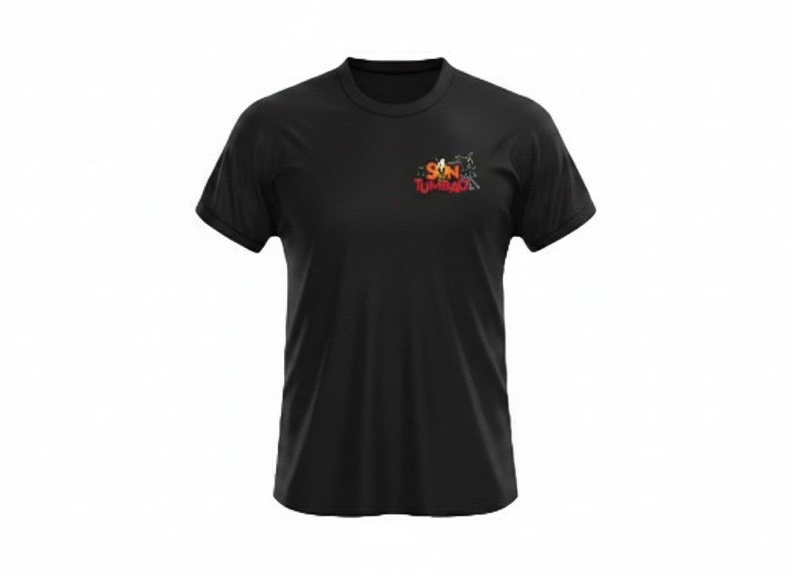 Son Y Tumbao black cotton t-shirt with red and yellow graphic print on chest. Relaxed fit, crew neck, short sleeves.