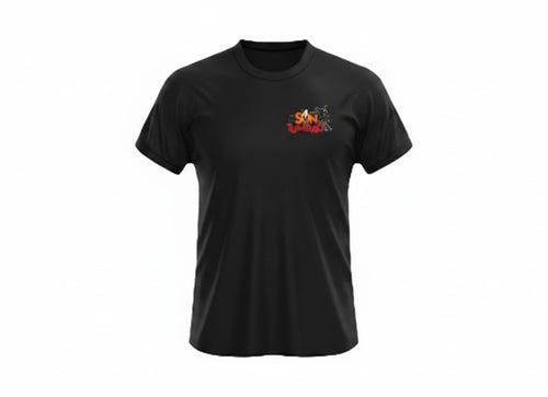 Son Y Tumbao black cotton t-shirt with red and yellow graphic print on chest. Relaxed fit, crew neck, short sleeves.