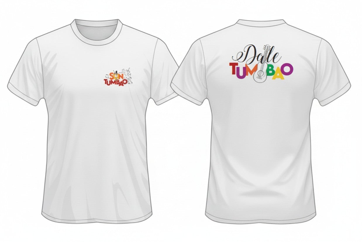 Son Y Tumbao white graphic t-shirt with 'Son Tumbao' logo on front and 'Dale Tumbao' with guitar on back.