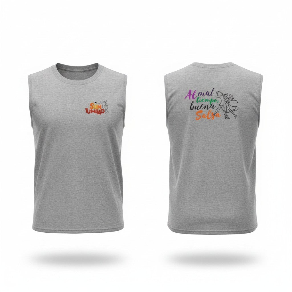 Son Y Tumbao grey sleeveless tank top with "Sin Tumbao" graphic on front and dancing figures with text on back.
